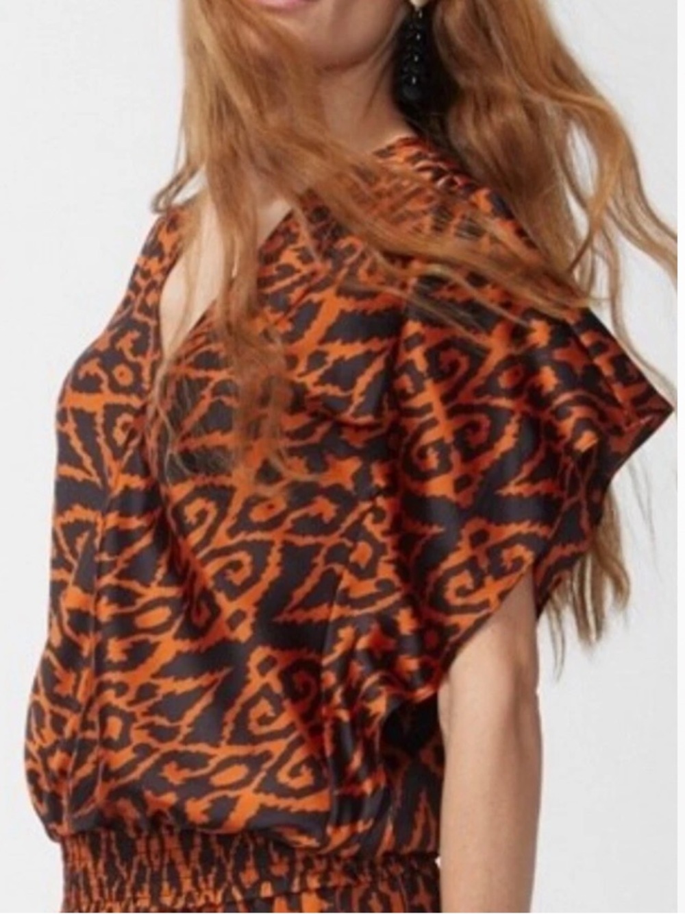 Chico’s Satin Ikat Blouse with Smocked Banded Waist XL 16